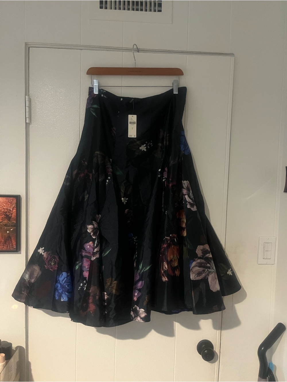 Anthropologie Satin Floral A-Line Midi Skirt in Black
